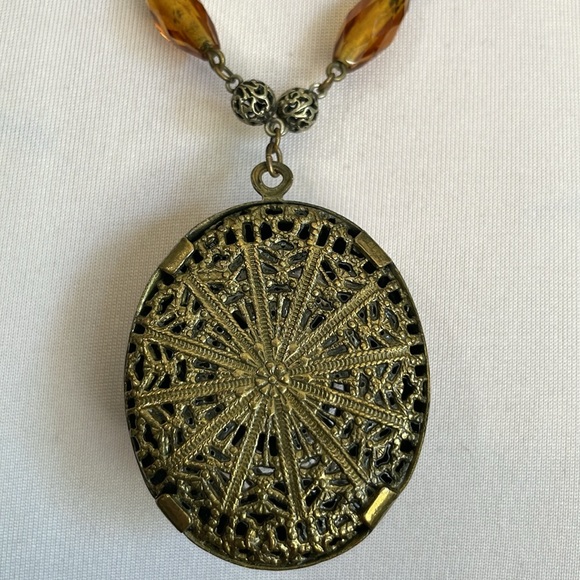 Antique Czech Topaz Glass Beads Brass Filigree 1920's Pendent in Victorian Style - Picture 4 of 7
